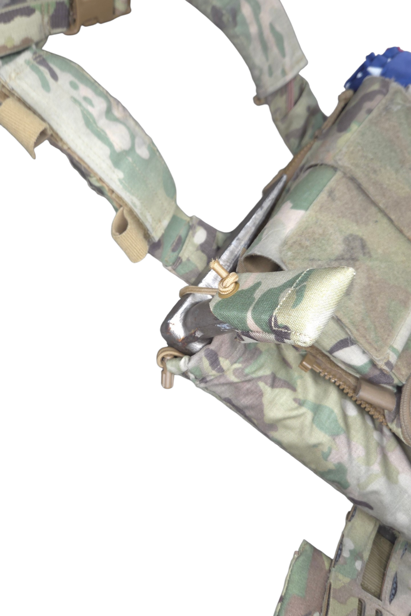 Forge Concepts Breaching Tool Retention Cover -Small - Multicam - Directly Mounted to Ruhltech Halligan - Top Down View in TNT Pouch on Spiritus Plate Carrier