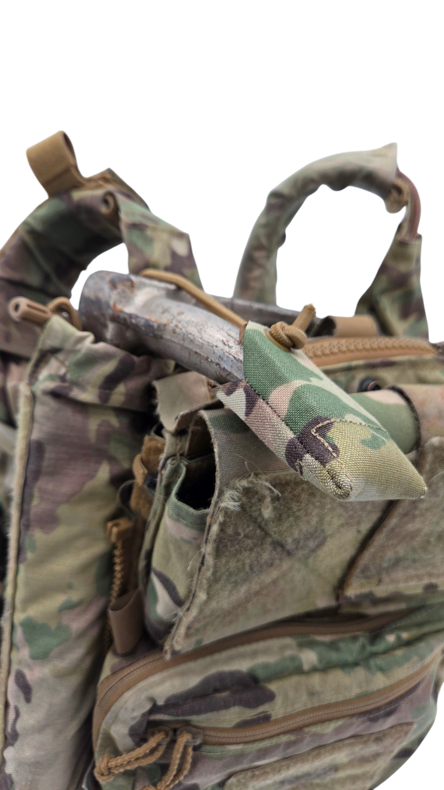 Forge Concepts Breaching Tool Retention Cover (BTRC) - Small - Multicam - on Halligan - Spiritus Systems Assaulter Back Panel in TNT Pouch