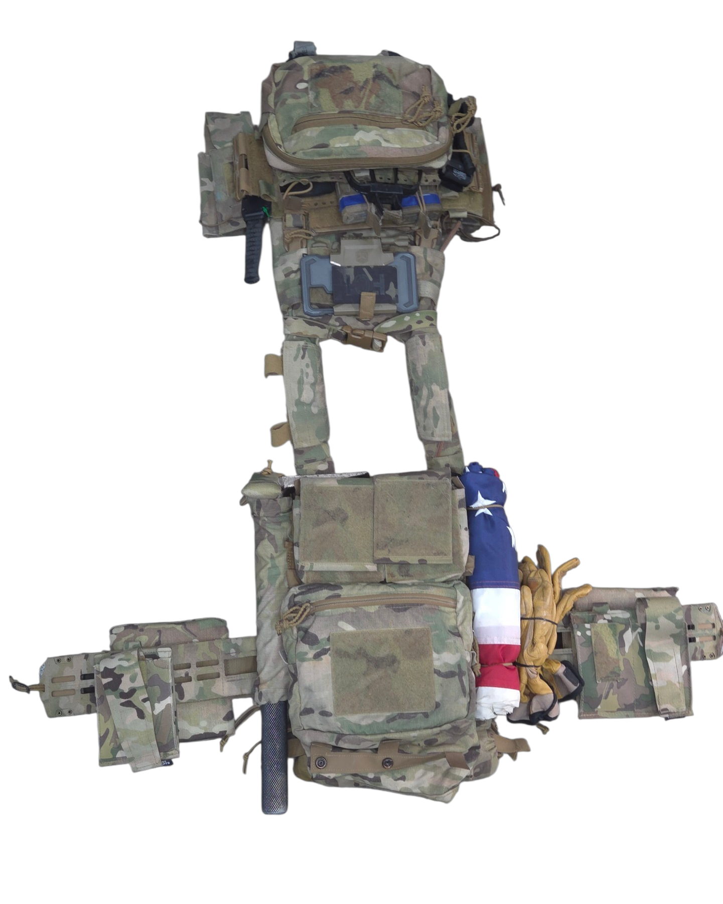 Forge Concepts Breaching Tool Retention Cover (BTRC) - Small - Multicam - on Halligan - Spiritus Systems Assaulter Back Panel in TNT Pouch - Full kit layout