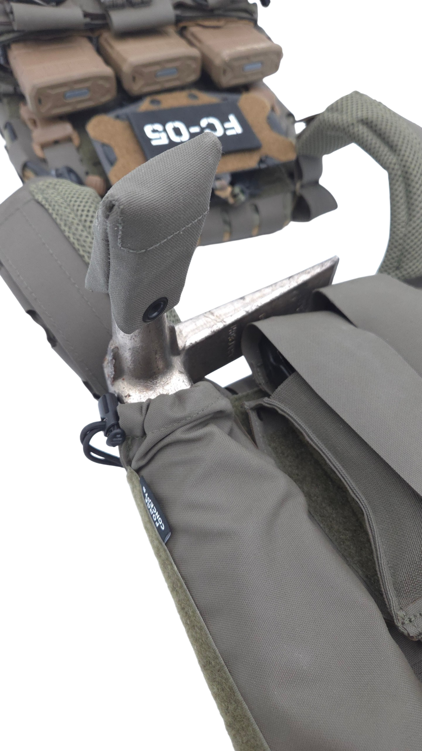 Forge Concepts Breaching Tool Retention Cover (BTRC) - Small - Ranger Green - on Halligan - in TNT Pouch on Shaw Concepts ARC Plate Carrier